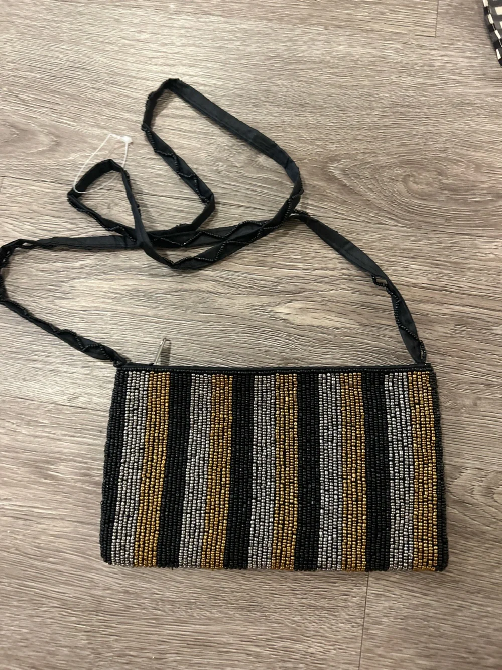 Vintage Beaded Black and Gold Striped Crossbody Bag